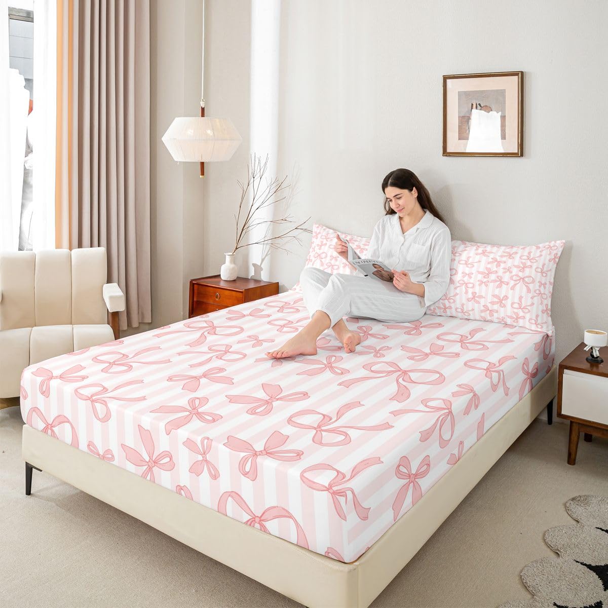 Juego de sábanas bajeras de 3 piezas con diseño de camafeo con lazo, color marrón, tamaño King (no plana), suave y suave, decoración de habitación de niñas y adultos, funda de cama romántica con rayas