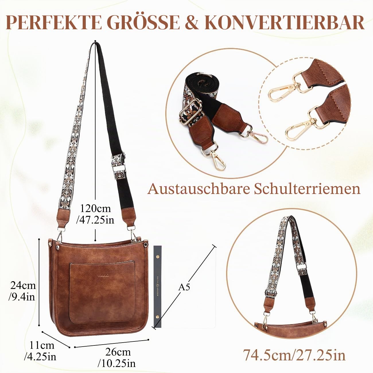 RAVUO Handtasche Damen Mittelgroß Umhängetasche Crossbody Bags Leder Schultertasche für Frauen Shopper Tasche mit Verstellbarem Farbigem Riemen