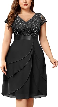 Miusol Womens Plus Sequin Lace V Neck Chiffon Cocktail Party Dress | Elegant Tiered Hemline,Sparkly Sequin,High Waist,Slimmer,Taller Silhouette,Great For Cocktail,Wedding Guest Dress,Midi Length