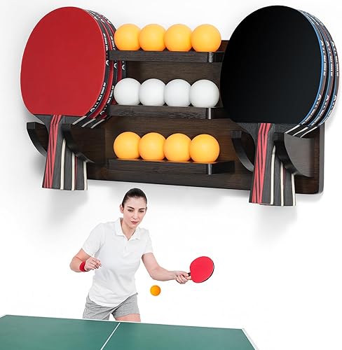 ikkle Soporte de paleta de ping pong montado en la pared para 6 paletas y 12 pelotas de almacenamiento, organizador de accesorios de ping pong en