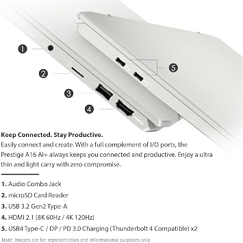 MSI Prestige A16 AI Laptop, AMD Ryzen AI 9-365, 32 GB LPDDR5x RAM, 2 TB PCIe SSD, 16 QHD+ (2560x1600) Display, AMD Radeon Graphics, White Backlit Keyboard, W11 Pro, Urban Silver
