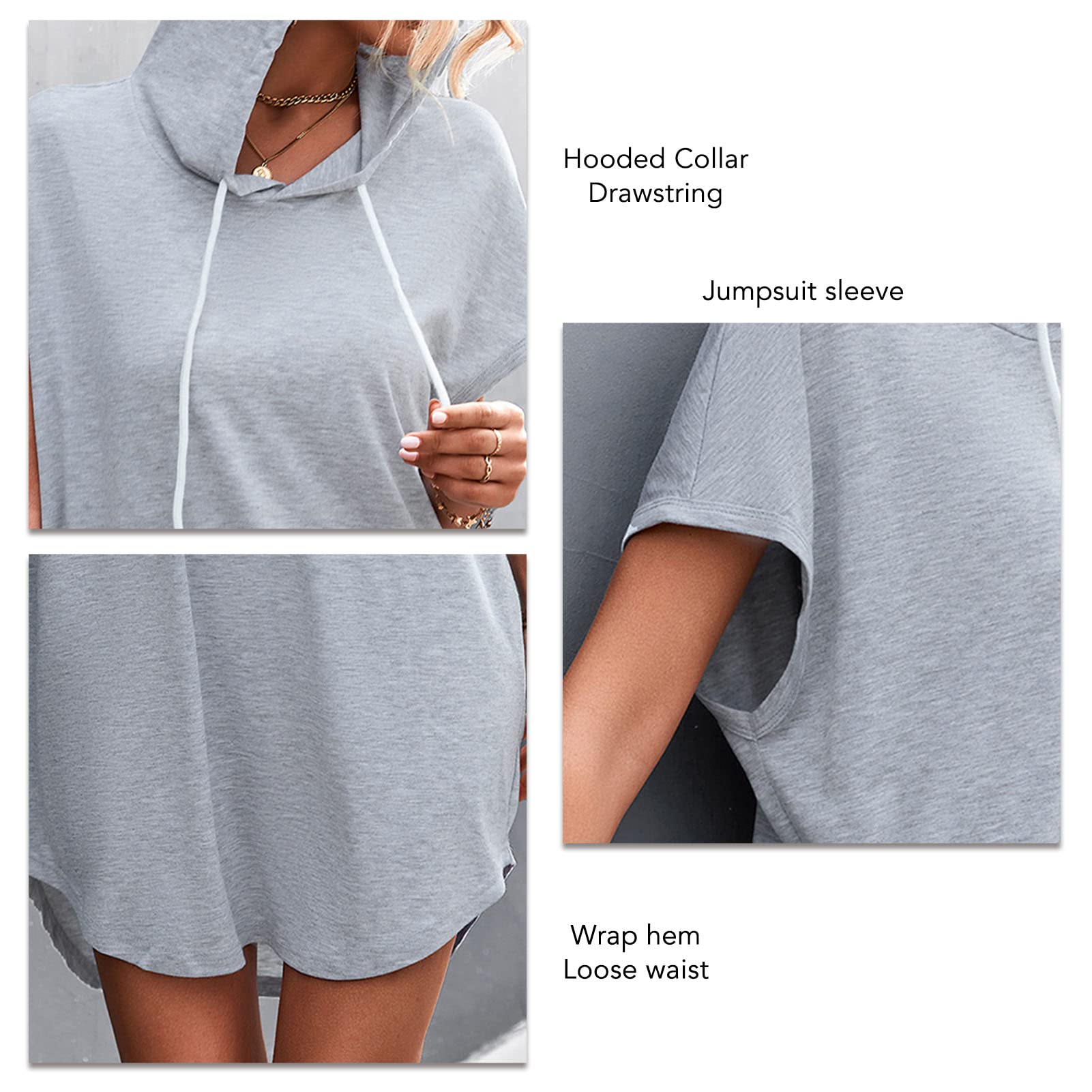 Robe Sweat Pull Robe D'été pour Femmes Robe à Capuche été Décontracté Uni Robe de Sueur Lâche Sweat à Capuche à Manches Courtes Sweat à Cordon de Serrage(S-Gris)