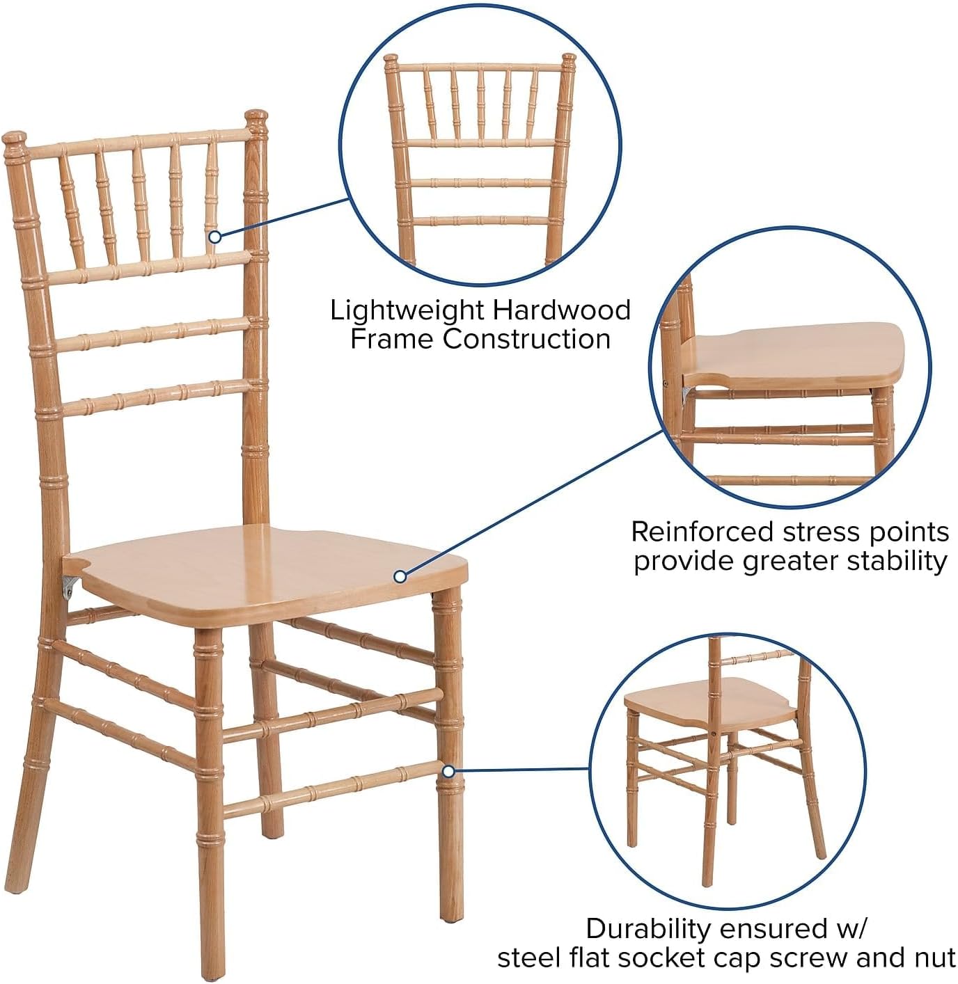 BOWERY HILL Wood Chiavari Stacking Chair, Natural Finish, Lightweight Hardwood Frame, Reinforced Stability, 36.25" H x 15.75" W x 18" D, Stackable Event Seating for Indoor or Outdoor Use