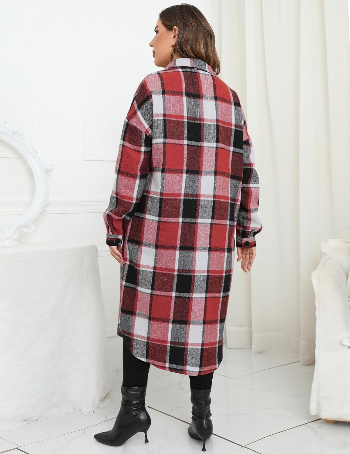 ZOMVA 2025 Women's 0X-5X Plus Size Long Flannel Plaid Shacket Jacket Oversized Button Down Coats Shirts with Pockets - Image 2