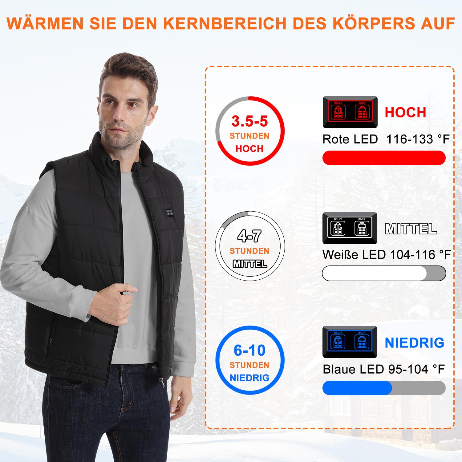 Beheizbare Weste, Beheizte Weste Herren mit 15 Heizzonen, Heizweste mit 10000mah Akku, Doppelschalter Beheizbare Jacke für Outdoor Arbeit Skifahren Camping