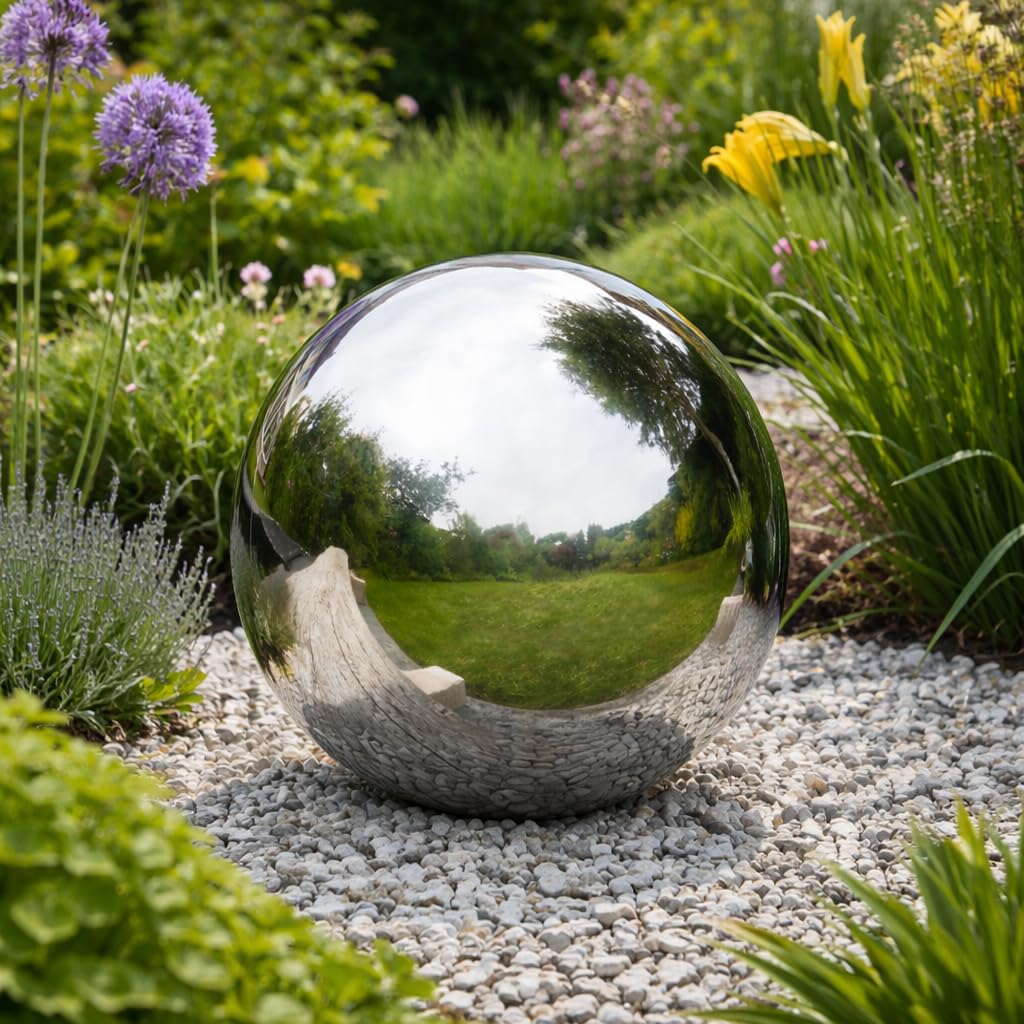 Garden Mile Stainless Steel Gazing Ball - 25cm Silver Polished Mirrored Hollow Ball Reflective Sphere Floating Pond Balls Stainless Steel Garden Ornaments for Garden Decorations (25cm)