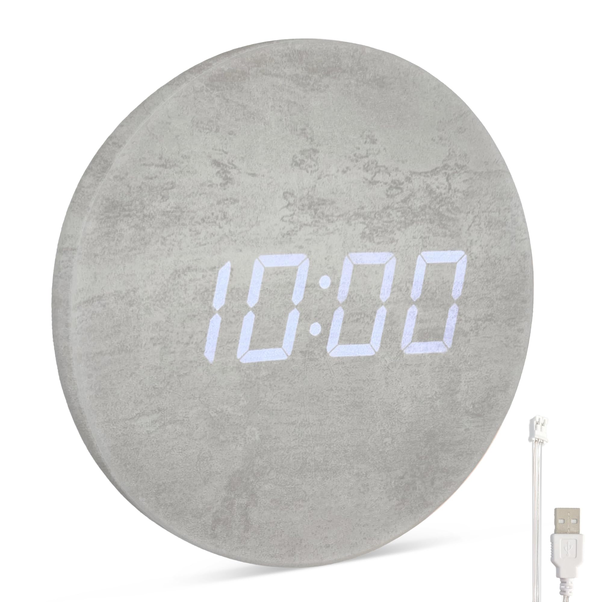 Horloge murale numérique LED grise en style béton alimentée par USB format 12/24h