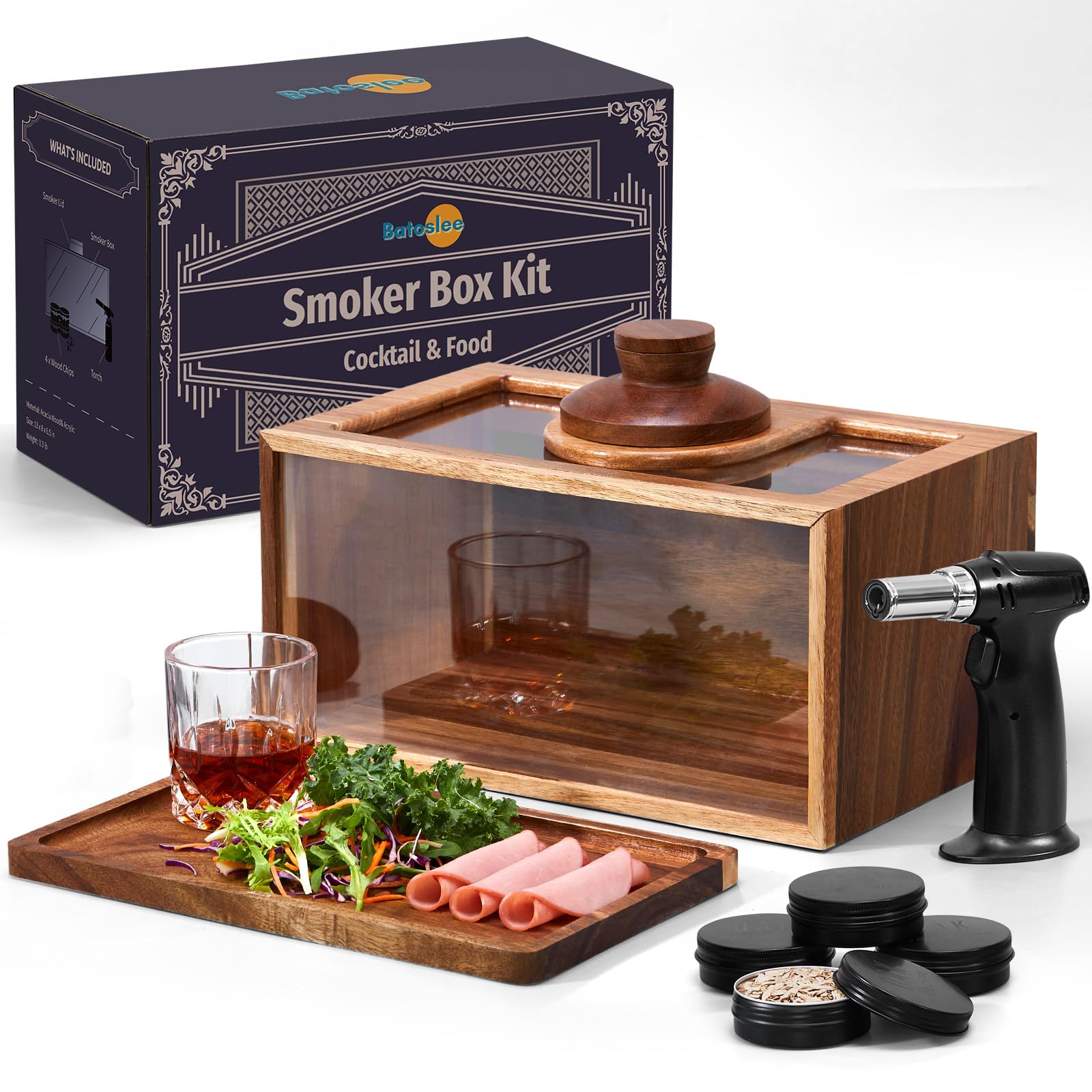 Cocktail Smoker Kit, Whiskey Smoker Kit with Torch, Drink Smoking Box, Food Tray and Wood Chips, Old Fashioned Bourbon Smoker Kit, Whiskey Gifts for Men(No Butane)
