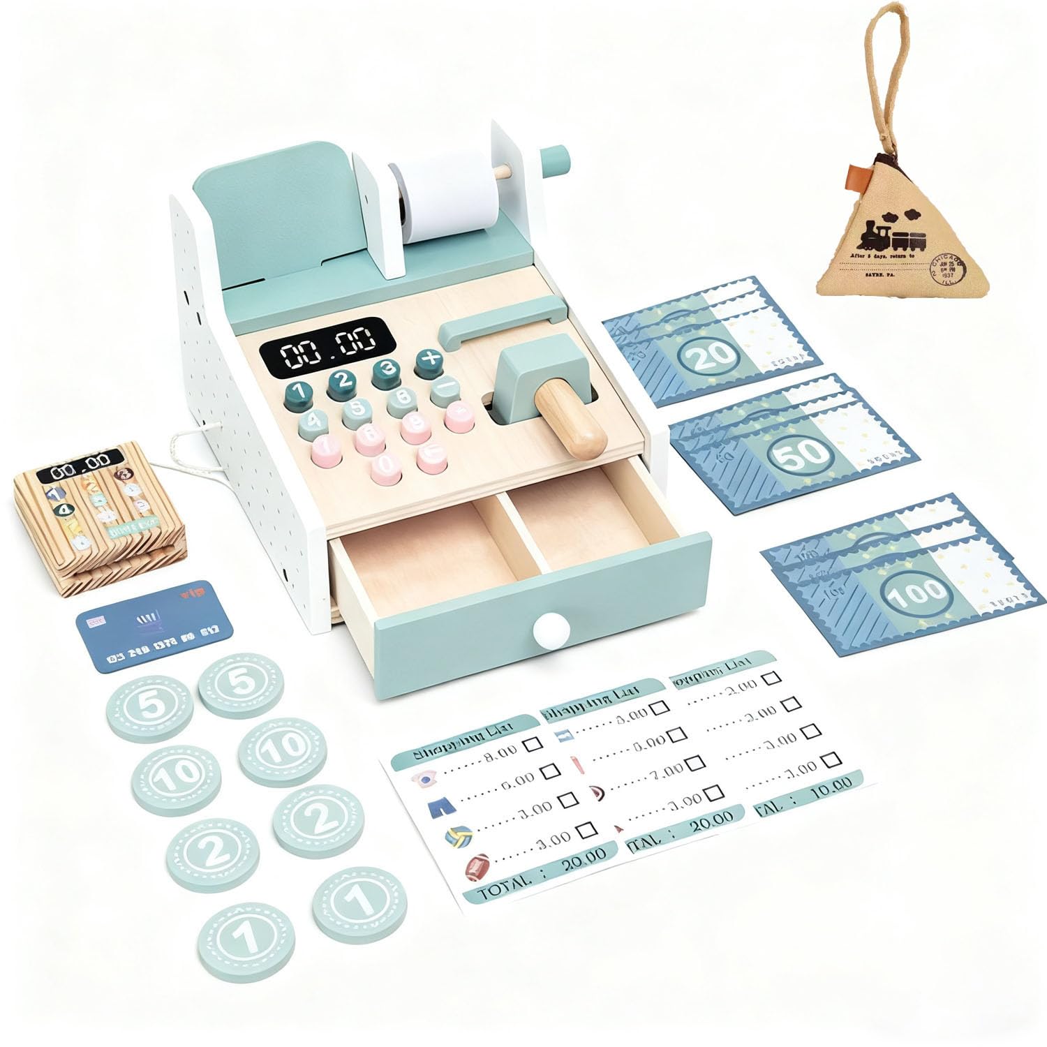 Benhurb Wooden Toys Cash Register with Scanner Calculator Till Toy for Kids, Pretend Play Shop Toys, Role Play Toys Shopping Playset, Educational Learning Brithday Gift for Boys and Girls Age 3+