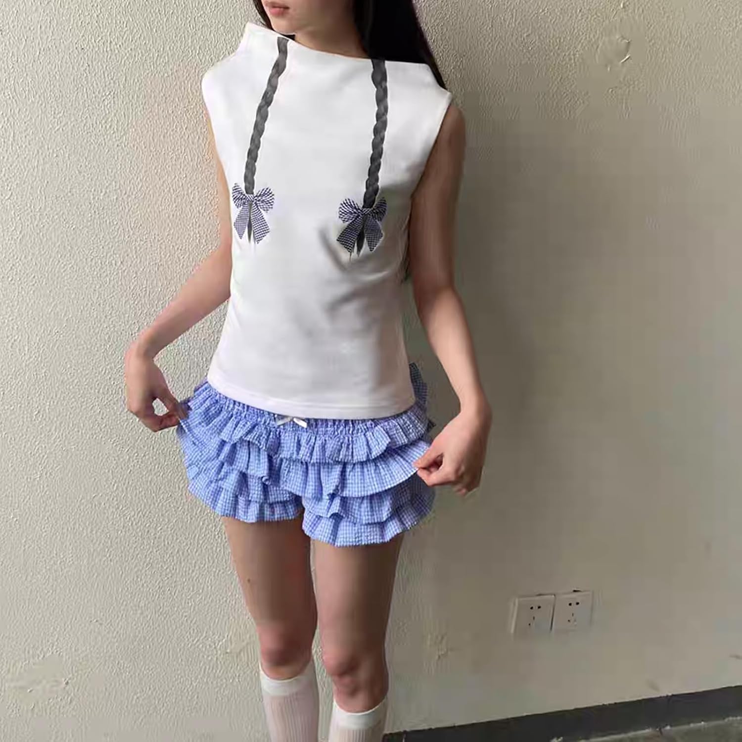 Women Y2k Coquette Checkered Shorts Low Waist Ruffled Tiered Skirt Plaid Bloomer Shorts Cosplay Halloween Costumes