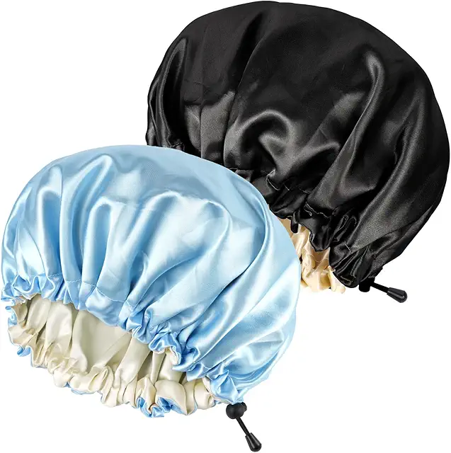 2-Piece Adjustable Satin Sleep Cap Bonnet Set (Black + Light Blue)