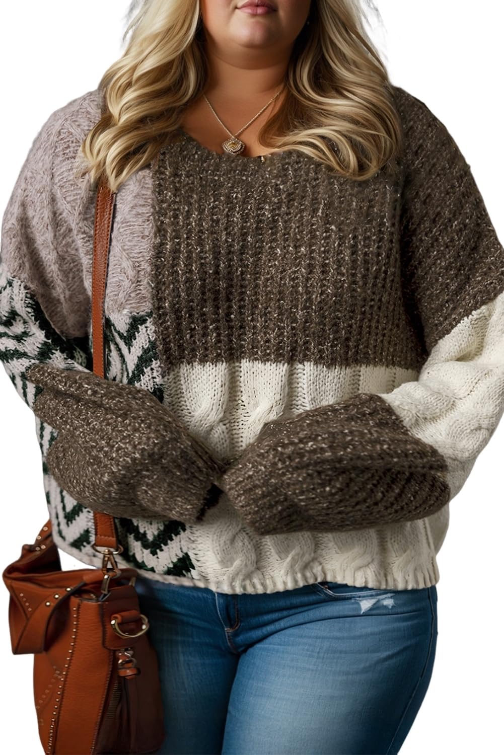 Wolddress Womens Casual Pullovers Brown Plus Size Color Block Patchwork Knotted Back Loose Fit Sweater