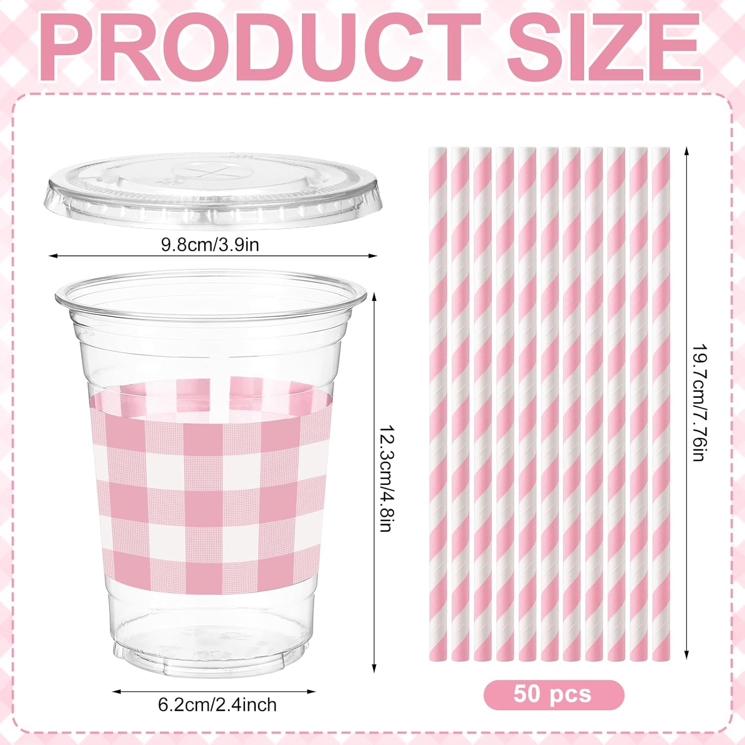 Sliner 50 Sets 16 oz Pink Gingham Party Plastic Cups Pink Checkered Plaid Disposable Drinking Cups with Lids and Paper Straws for Christmas Baby Shower Wedding Birthday Party Supplies