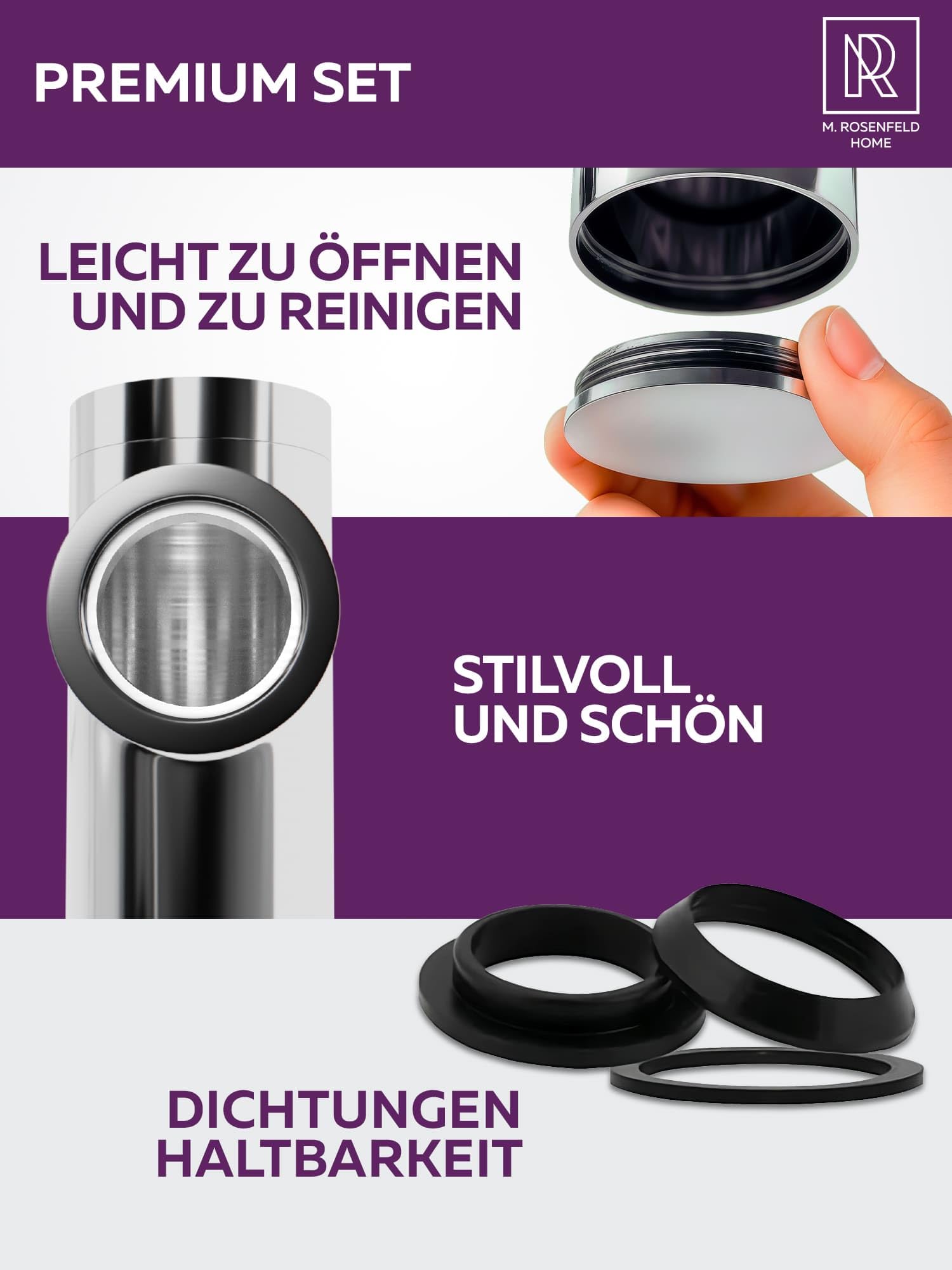 M. ROSENFELD HOME Design Siphon Waschbecken – Universeller Röhrensiphon 1 1/4" für Waschtisch, Geruchsverschluss & Abflussrohr, inkl. Dichtungen und Rosette