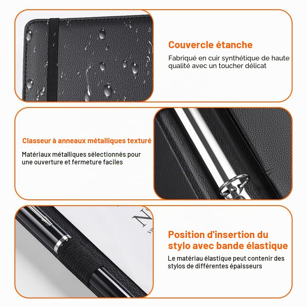 Porte-Partitions A4, Porte Partition Chorale Grand, Portes-Partition pour Feuilles avec Poche Intérieure et Dragonne, Classeur à Partition en Cuir PU avec 3 Anneaux pour Piano Guitare Violon, Noir