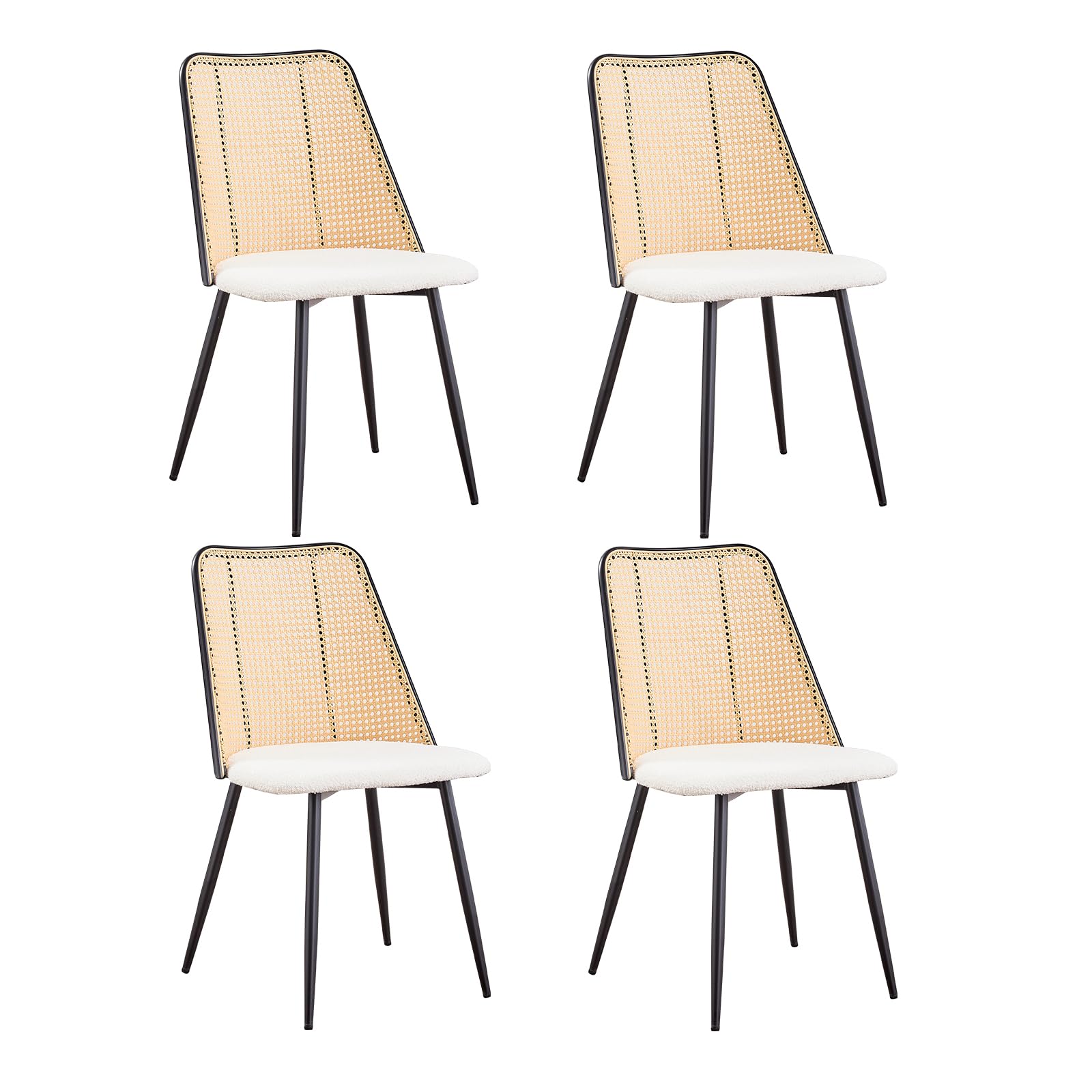 Juego de 4 Sillas de Comedor Modernas, Respaldo Tejido de Ratán, Asiento de Felpa Granulada, Estructura de Metal Negro, se Puede Usar como Silla de Cocina, Silla de Sala de Estar