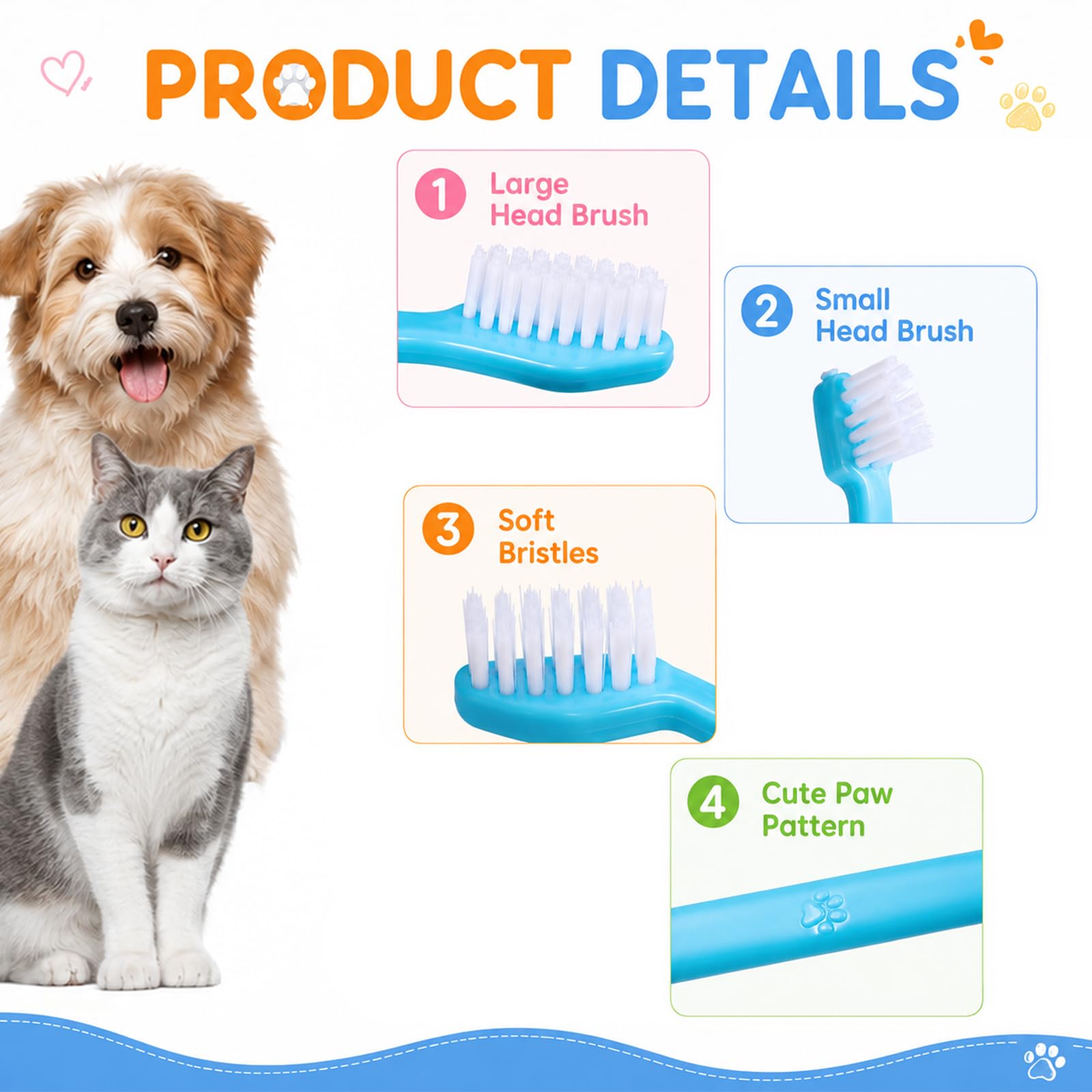 Spazzolino da denti per cani a doppia testa, kit di spazzolatura a doppia testa, kit di spazzolatura per cani con manico lungo, per cani grandi e piccoli, gatti per la maggior parte degli animali