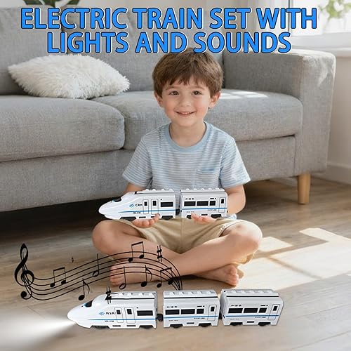 Miniatura 5 de OTONOPI Juego de tren de juguete, paquete de 5 tren eléctrico bala con luz y sonido, motor de locomotora de metro a pilas con gancho, juguete