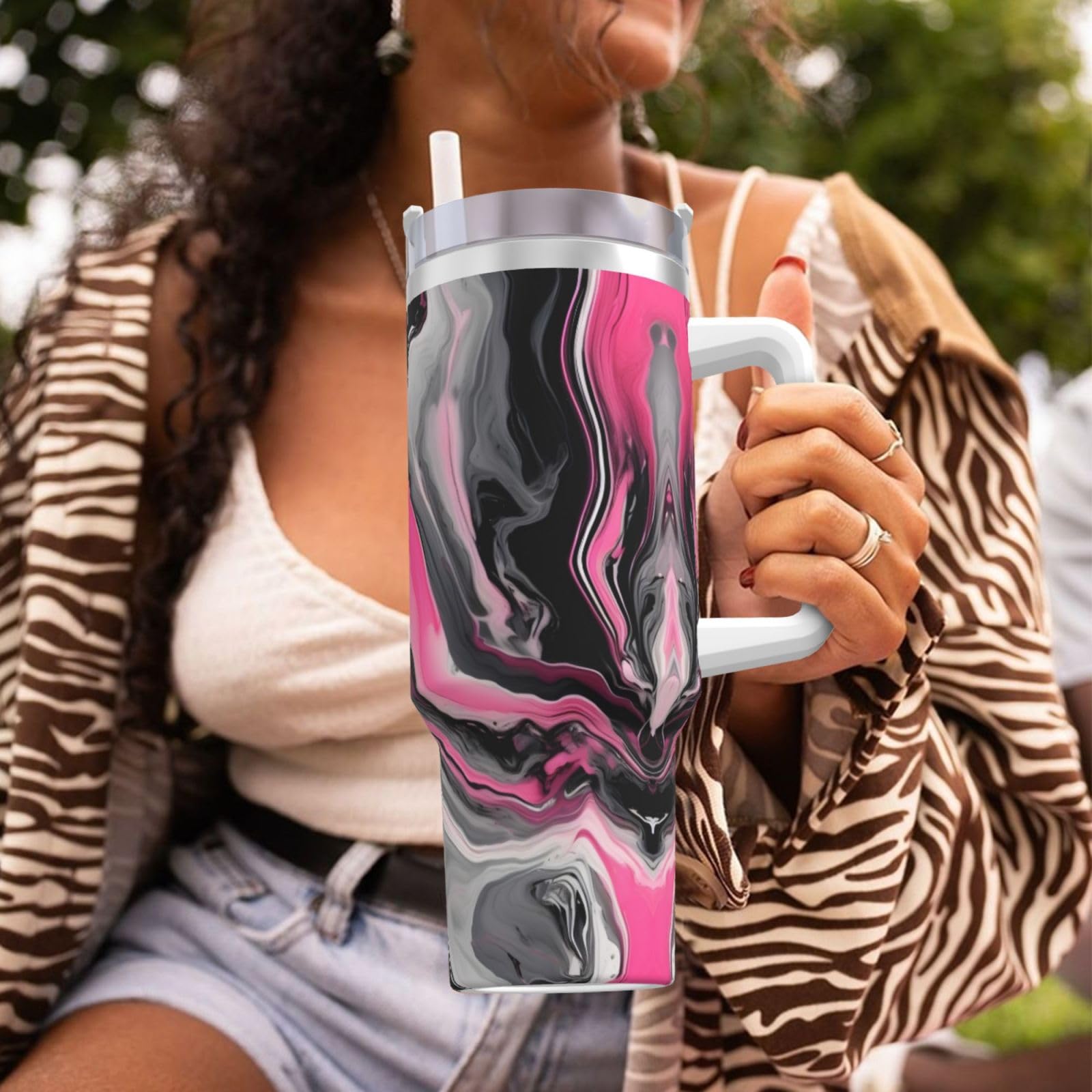Wasserflasche aus Edelstahl, doppelwandig, isoliert, mit Griff und Strohhalm-Deckel, 1,2 l, Rosa mit abstraktem Marmor-Grau