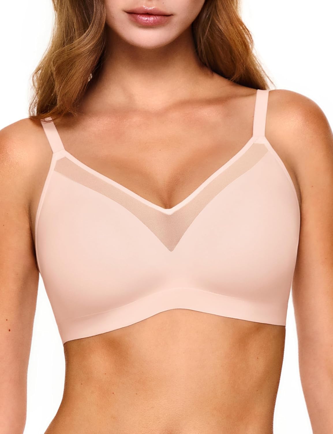 Lehoba V Neck Mesh Wireless Bras for Women, Seamless Push Up Bralette No Underwire Bra Comfortable Everyday