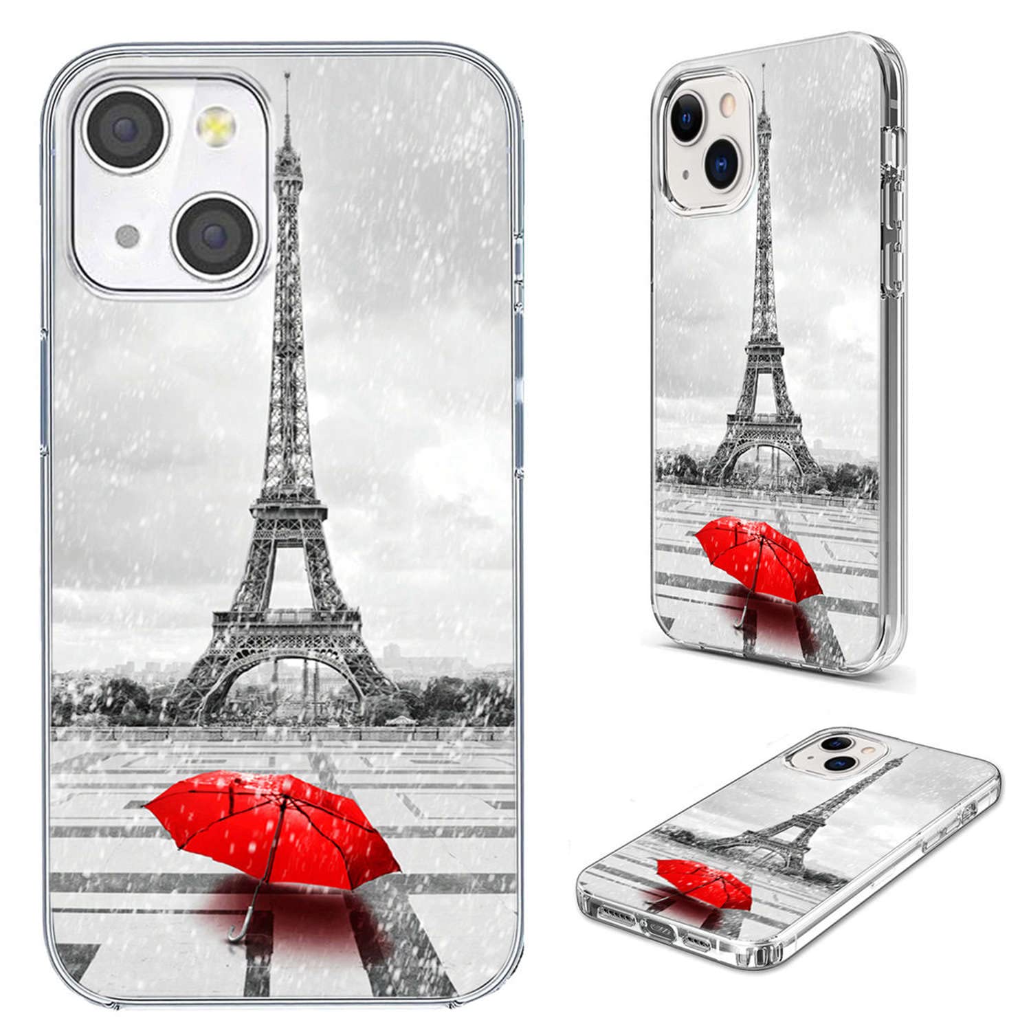 for iPhone 14/13 Case, Slim Fit Soft TPU Clear Case with Paris Eiffel Tower Red Umbrella Design, Shockproof, Wireless Charging Compatible