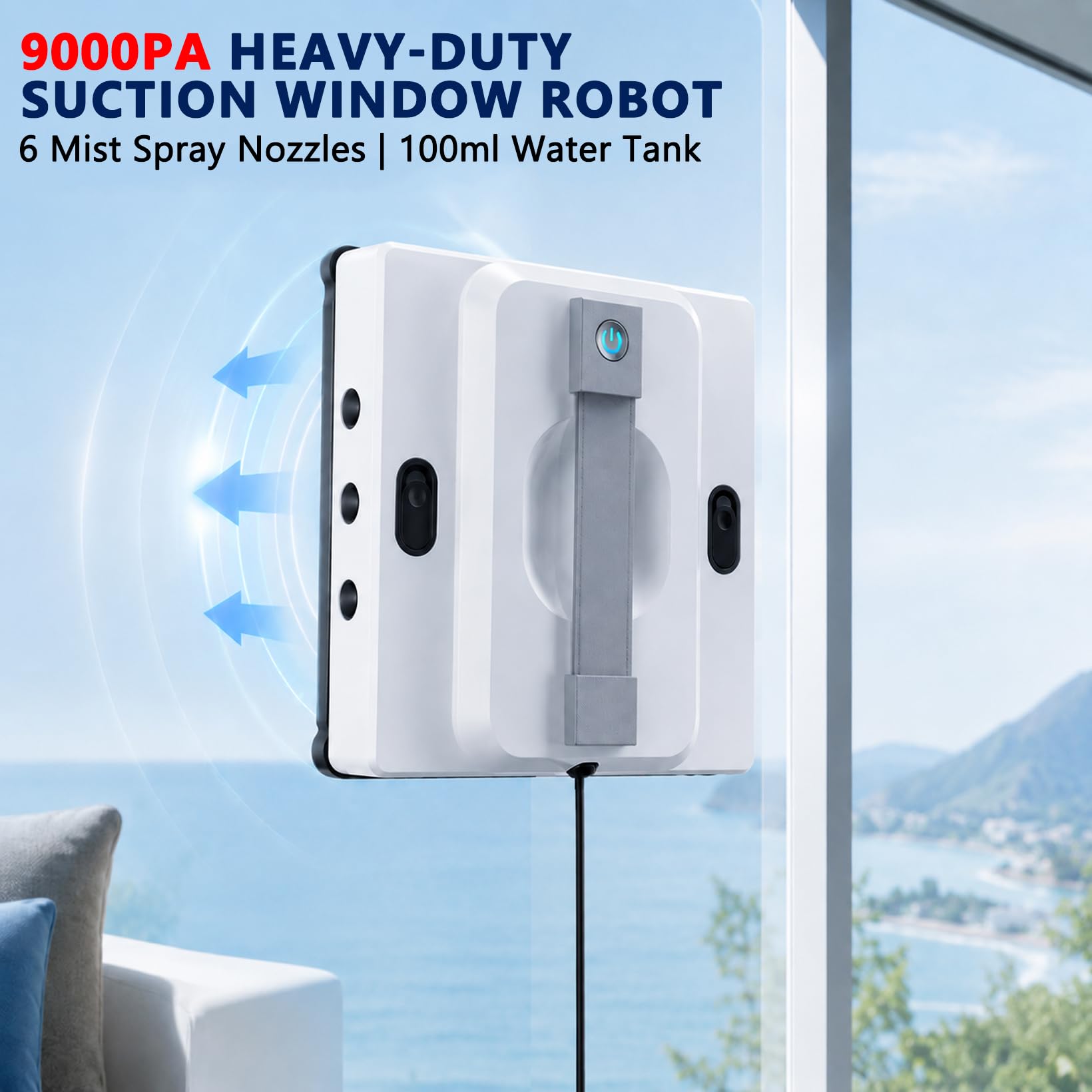 Robot Limpiacristales con Mando a Distancia, 9000 Pa Robot para Ventanas, 6 Modos de Limpieza, Depósito 100ML, 6 Boquillas de Nebulización, Planificación Inteligente de Ruta y Detección de Bordes
