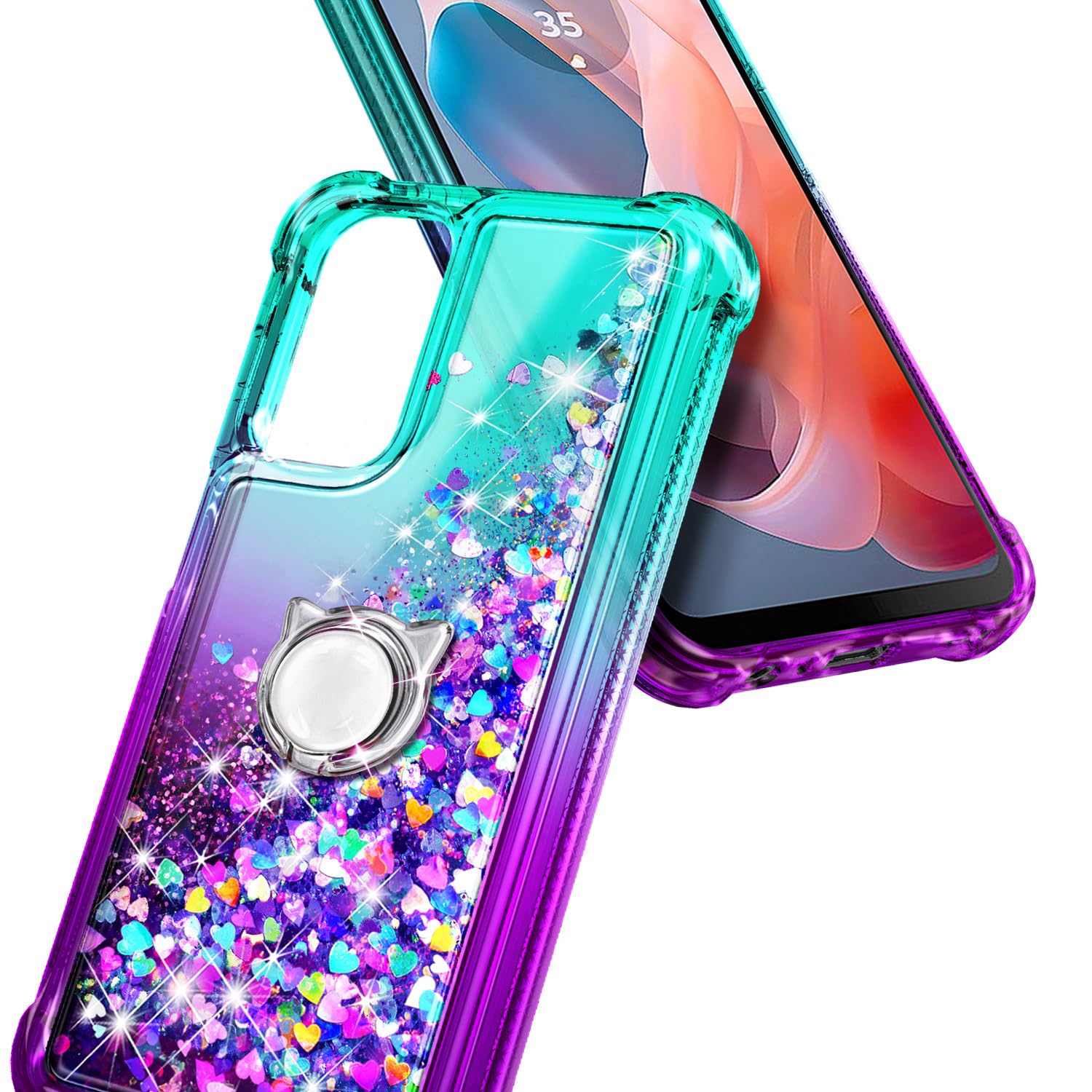 Schutzhülle für Motorola Moto G 5G 2024, glitzernd, schwimmend, flüssiger Wasserfall, niedliche Hülle mit Displayschutzfolie aus gehärtetem Glas, Ringhalter, Diamant-Handschlaufe, Aqua/Violett