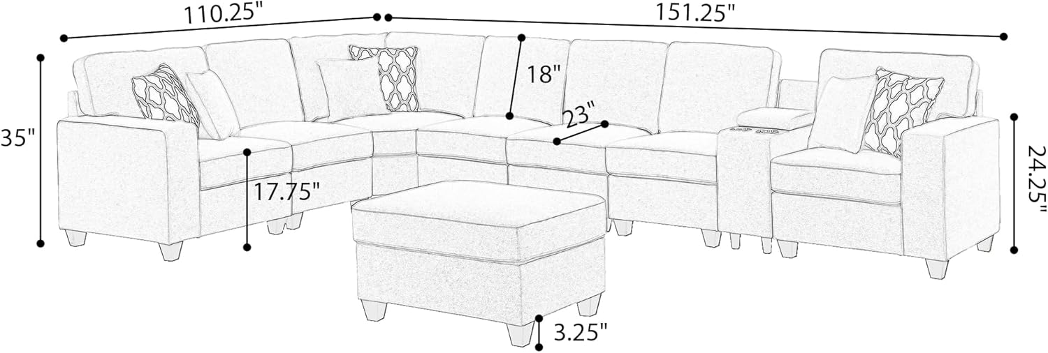 ERYE 151-Inch U-Shaped Sectional Sofa Chenille Upholstered Corner Convertible Sectional,9 PCS Modular Couch with Ottoman,Storage Console, Cupholders and Charging Station
