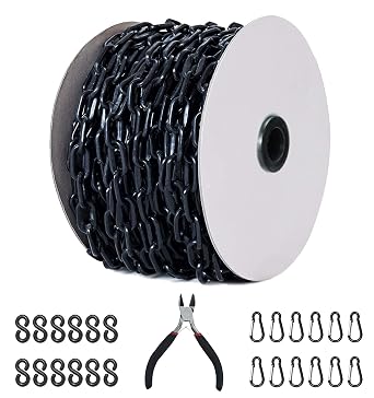 125 Feet Black Plastic Safety Barrier Chain with 12 Black S-Hooks | 12 Carabiner Clips | Caution Security Chain Safety Chain for Crowd Control, Construction Site