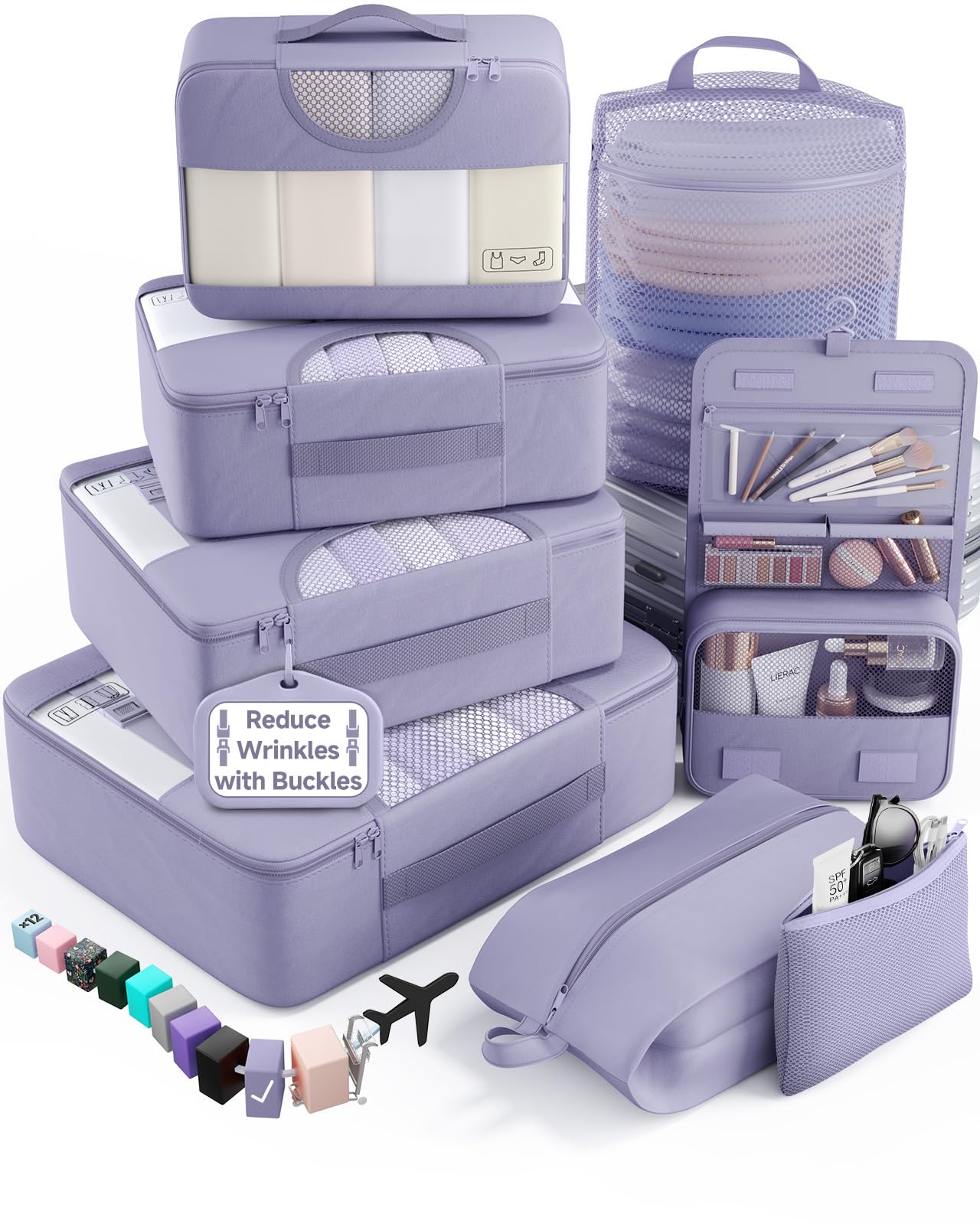 Veken 8 Set Packing Cubes for Travel Essentials,Anti-Wrinkle Buckled Suitcase Organizer for Shoe &amp; Toiletry Bag,Carry On Luggage Bag with 99+ Count Mesh Holes for Airplane &amp; College Dorm Accessories