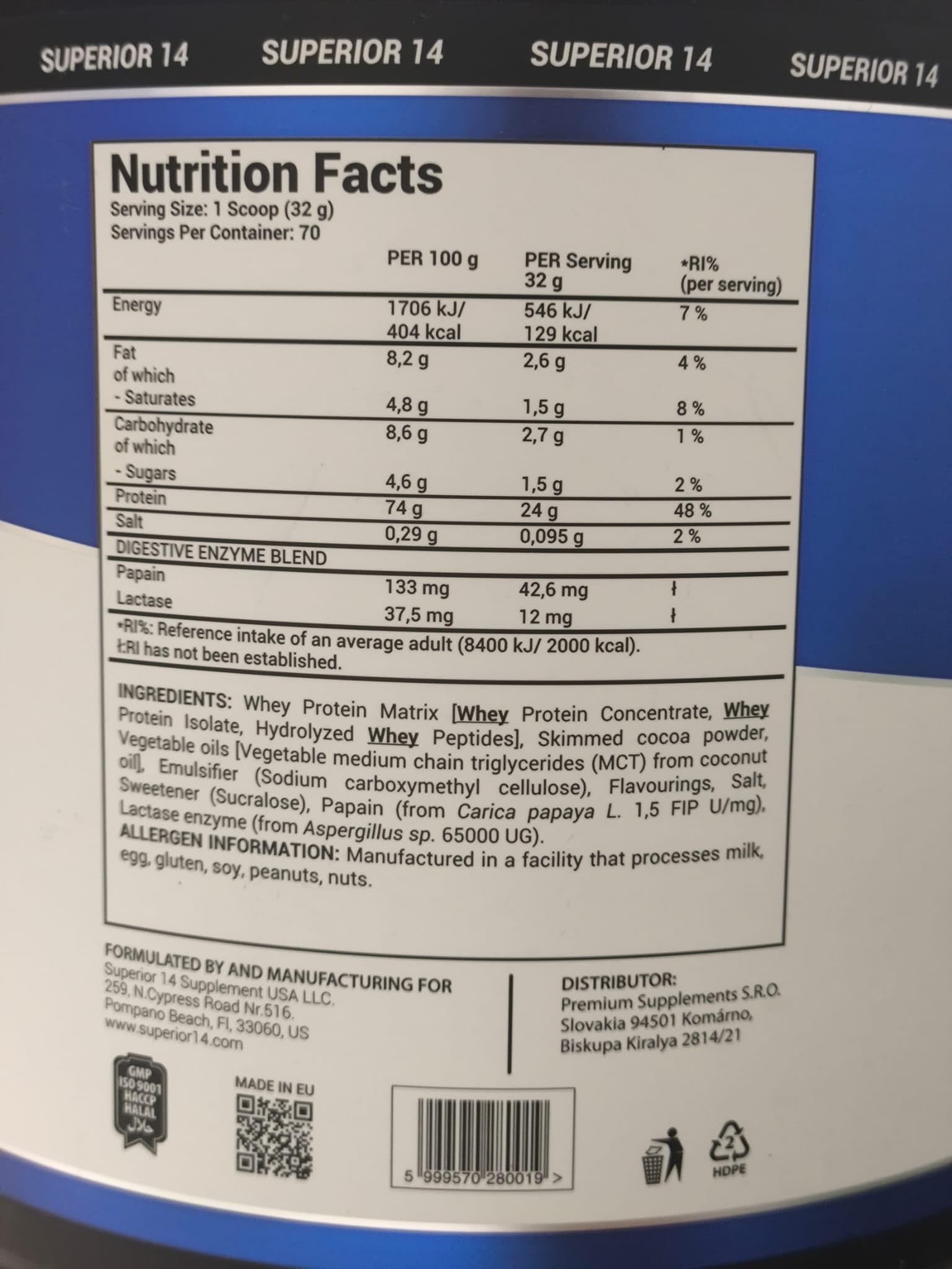 Whey Core Protein - Proteína de Suero de Leche con Enzimas Digestivas - Sabor Chocolate con Leche - 2270g (70 Porciones)