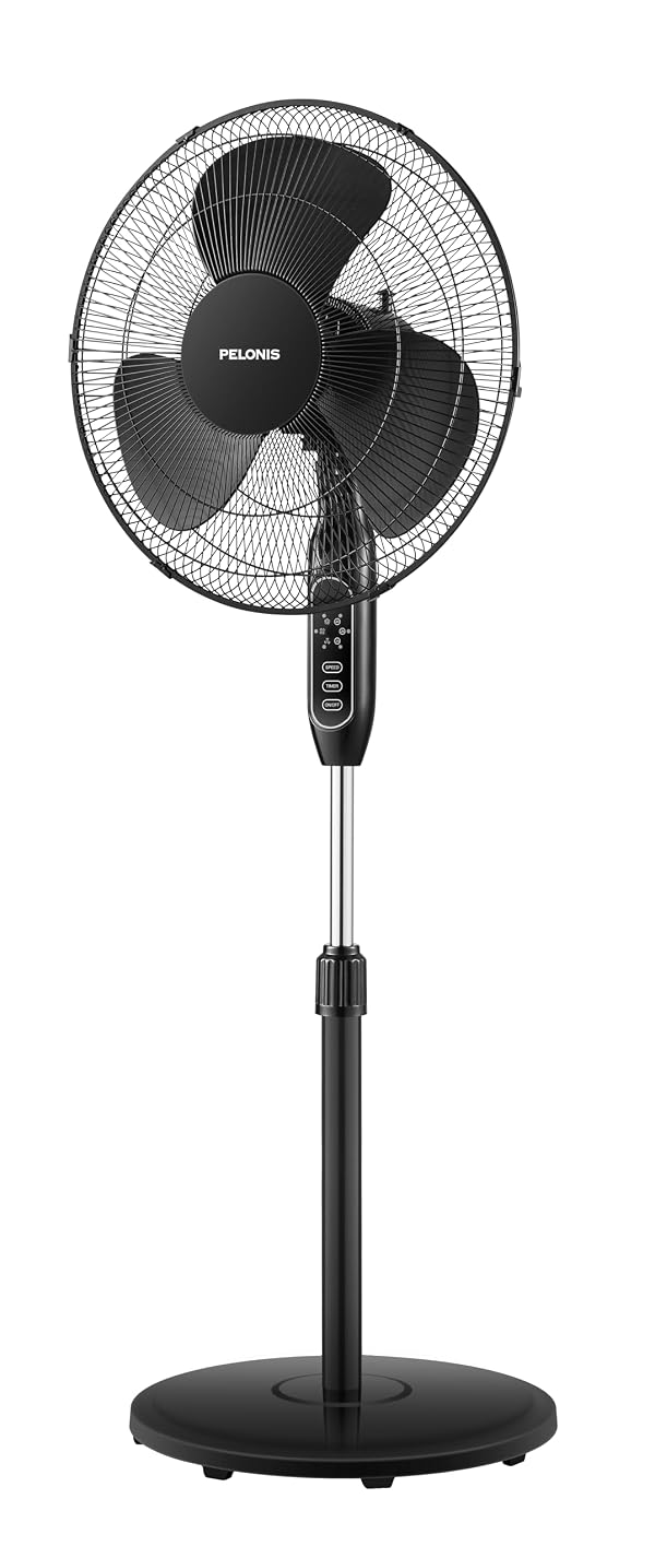 PELONIS 16'' Pedestal Fan for Bedoom, Remote, Standing Fan with 7-Hour Timer, 90° Oscillation, 3-Speeds, Adjustable Height, Electric Cooling Fans for Living Room and Office by PELONIS - Used condition - US$42.14
