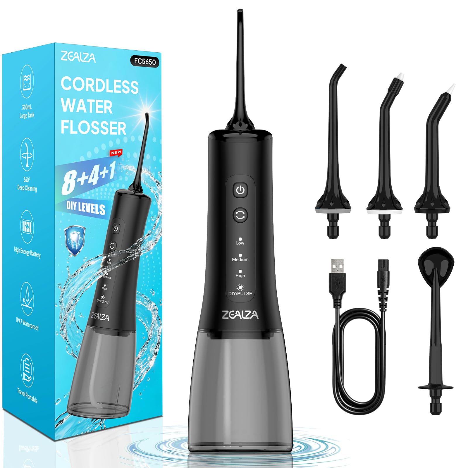 Idropulsore Dentale Portatile 300ML Irrigatore Orale 13 Modalità DIY | Water Flosser con 5 Ugelli, Pulizia Denti Idropulsore, IPX7, Ideale per Ortodonzia e Gengive Sensibili, Casa e Viaggio, Nero