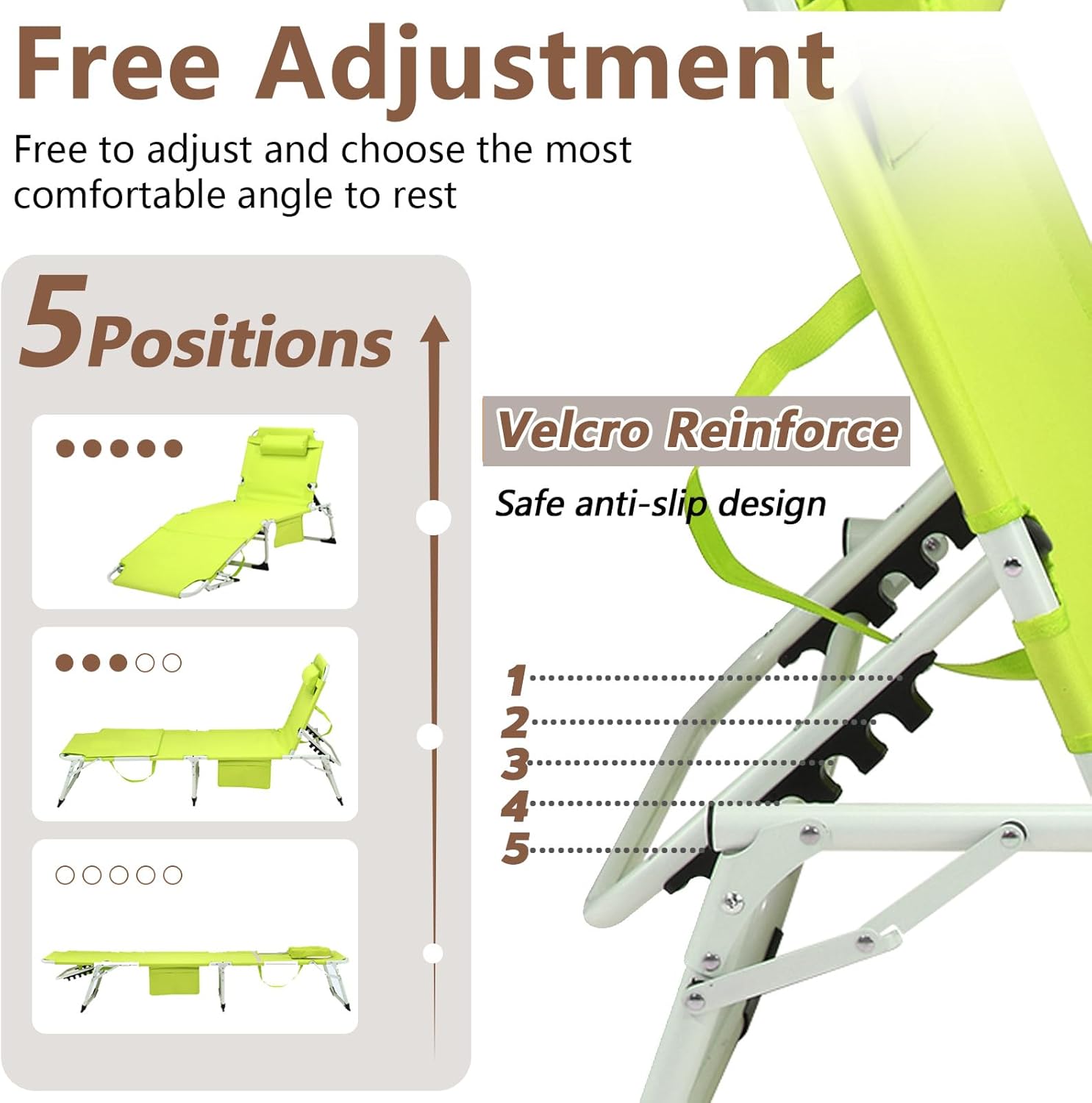 3-in-1 Heavy Duty Tanning Chair with Face Hole Adjustable 5-Position Folding Chaise Lounge Chairs Portable Lay Flat Beach Lounge Chair for Outdoor Sunbathing Patio Pool Lawn Camping Deck (Green)