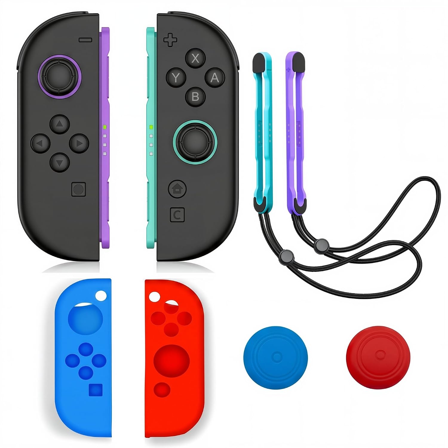 Zyveka (L)/(R) Light Purple and Light Green Wireless Controllers Bundle Compatible with Switch 2 with Silicone Protective Covers, Thumbstick Grip Caps and Wrist Straps, 6-Axis motion sensing, HD Rumble 2 and Magnetic Attachment