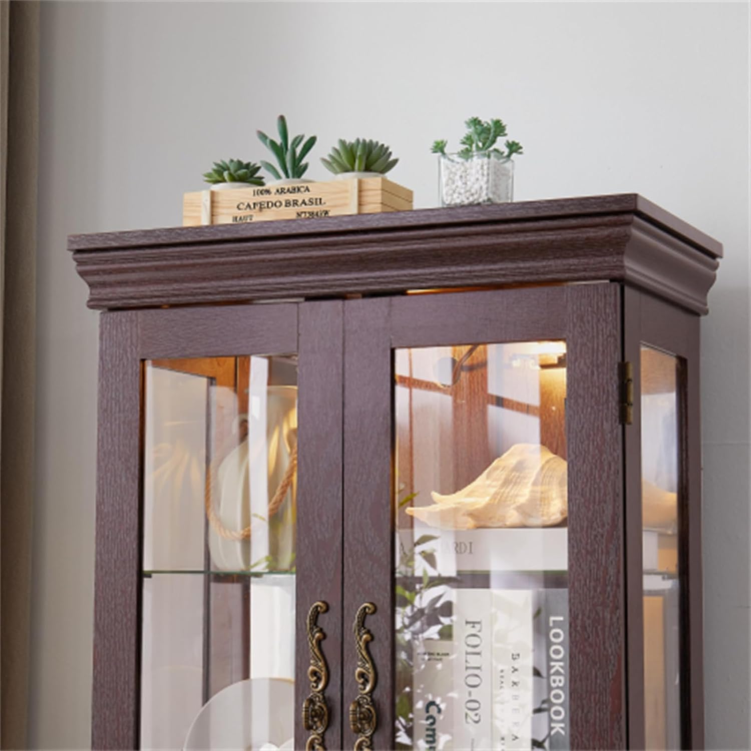 Curio Cabinet, Illuminated Glass Cabinet, Glass Wine Cabinet, Pantry, Adjustable Glass Shelves, 4 Doors, Light Bulb Included, Dark Cherry Color