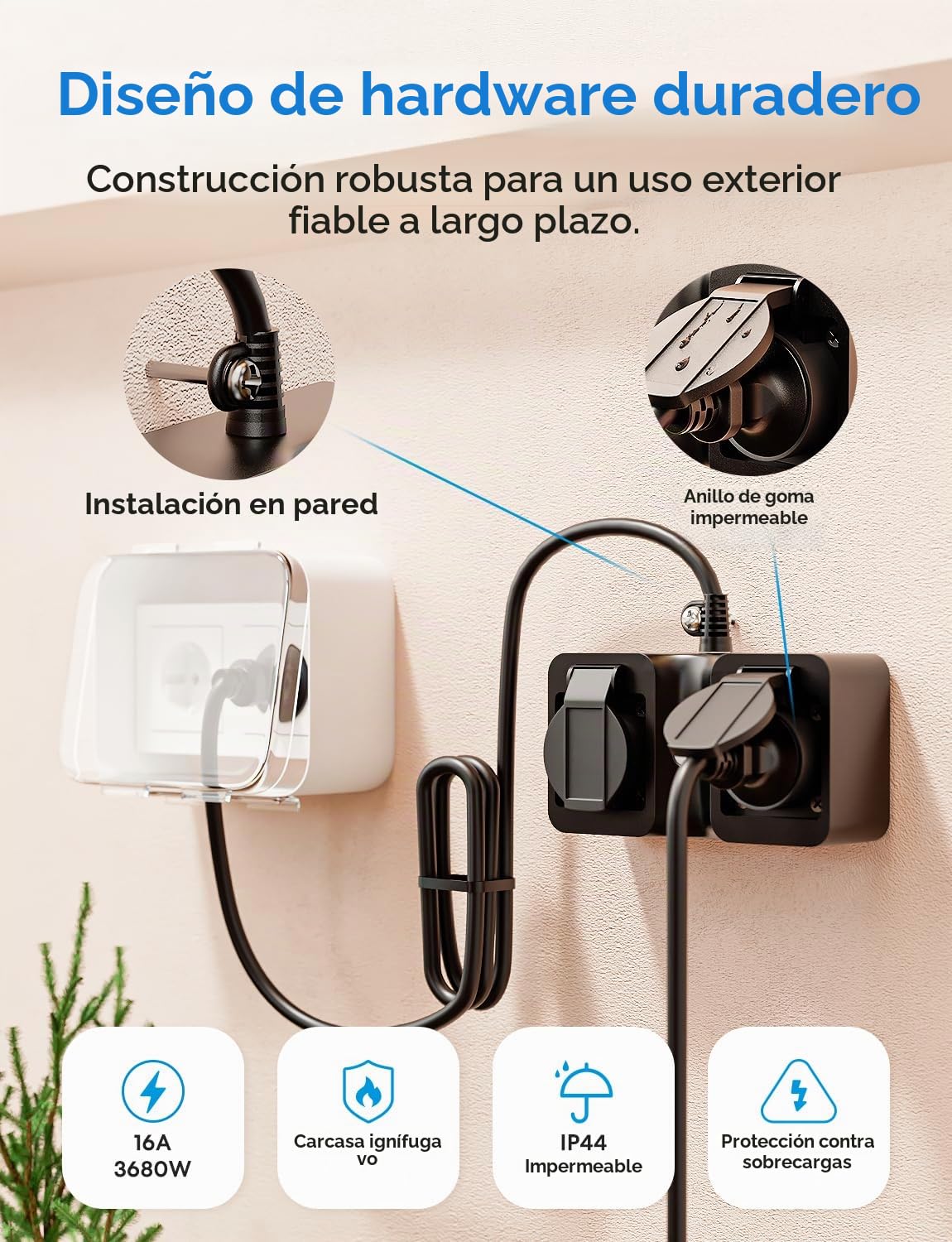 Meross Exteiror Enchufe Inteligente con Mide Consumo, WiFi Enchufe 16A Mide Producción de Paneles Solares, Soporte para Alexa, Apple Home y Google Home, IP44, con 1,5m Cable | Sin suscripción, control ilimitado | con Apple HomeKit, Alexa y Google | 16A, 1