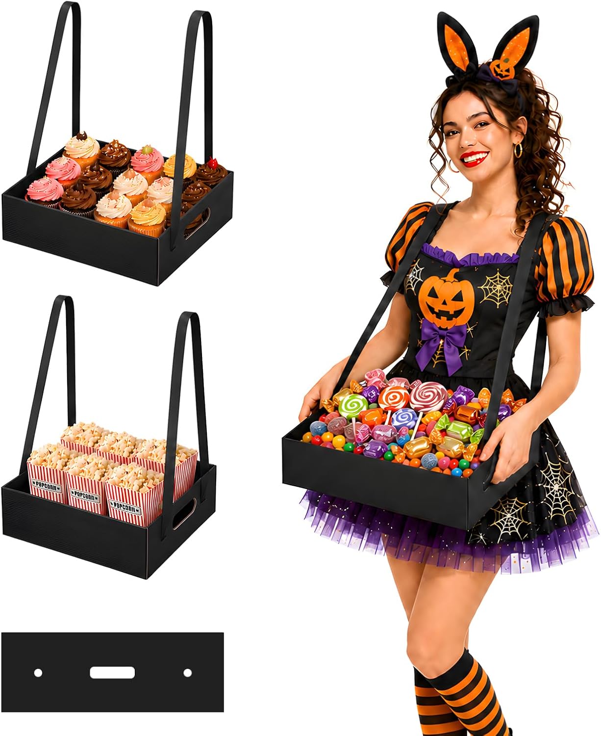 2-Pack Wearable Usherette Trays with Handles, Black Popcorn Carriers