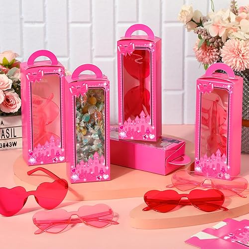 Miniatura 5 de Copkim 48 cajas de regalo de princesa rosa intenso, incluye 24 lentes de sol de corazón rosa y 24 cajas de regalo de fiesta rosa para niñas,