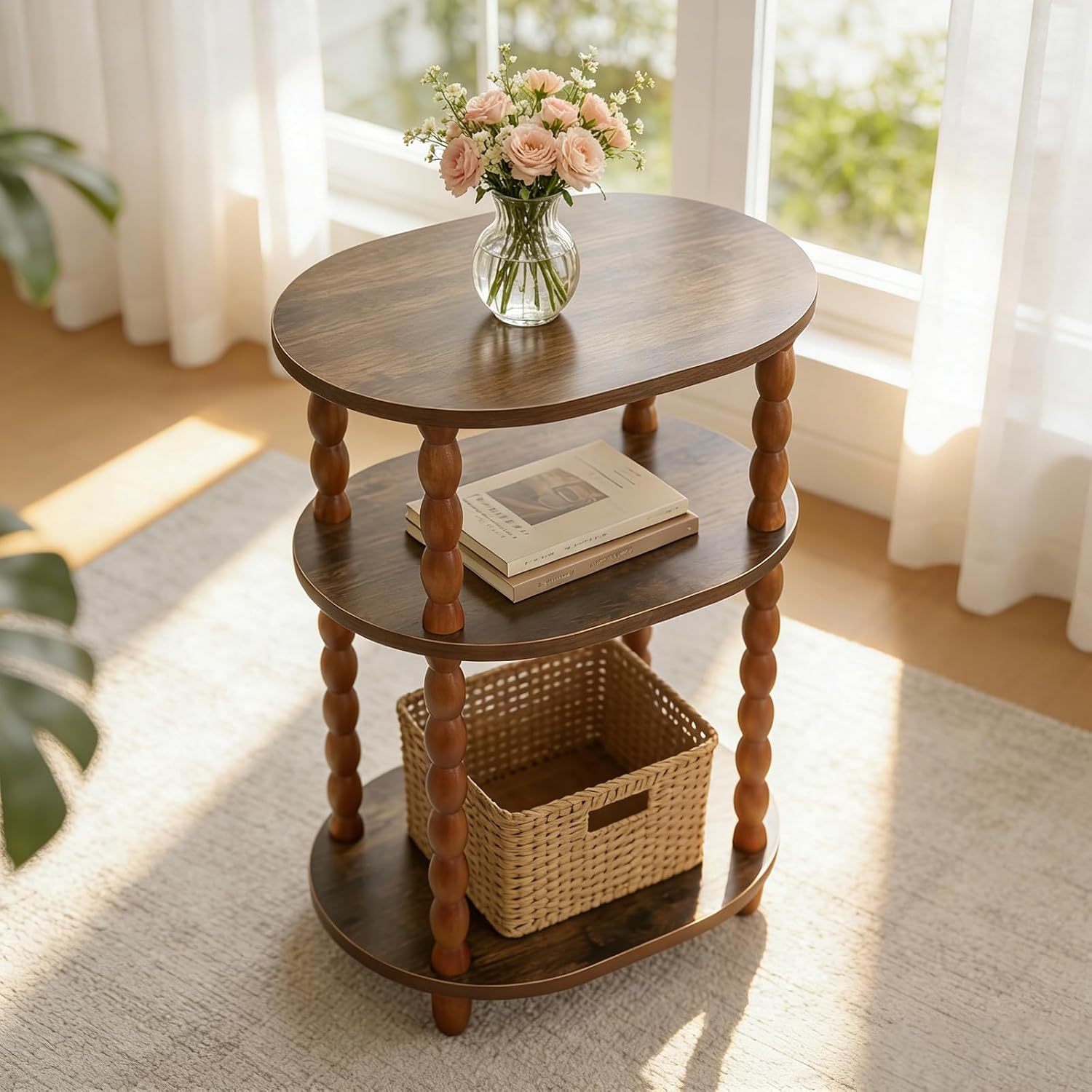 Wooden Side Table,3-Tier Small End Table with Storage Shelf, Vintage Retro furniture Bedside Coffee oval Table Night Stand for Living Room, Bedroom, Office and Small Spaces oak Black (Rustic Walnut)
