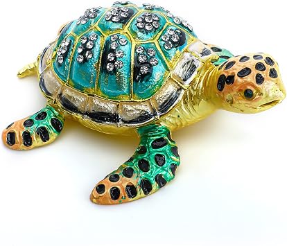 YU FENG 3 Inch Sea Turtle Trinket Box, Bejeweled Hinged Jewelry Box | Hand-Painted Enamel Design, Crystal Studded Shell, Ring Holder, Collectible Figurine, Decorative Gift for Women