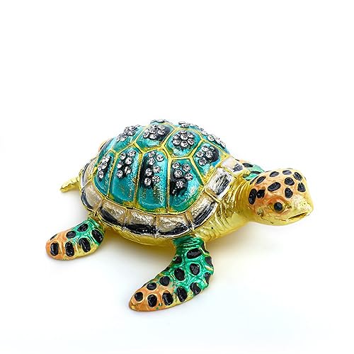 YU FENG 3inch Bejeweled Enamel Sea Turtle Trinket Box with Sparkling Crystals,Hand-painted Hinged Jewelry Storage Box Ring Holder Figurine Collectible Christmas Gift