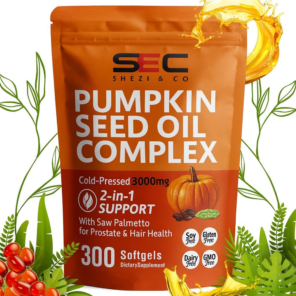 300PCS Pumpkins Seed Oil Capsules,Pumpkin&Seed Oil 2 in 1 for Hair Growth, Cold Pressed, Supports Hair, Heart, Skin Supplement,Pumpkins Seed Extract Powder,PumpkinSeed Herbal Supplement
