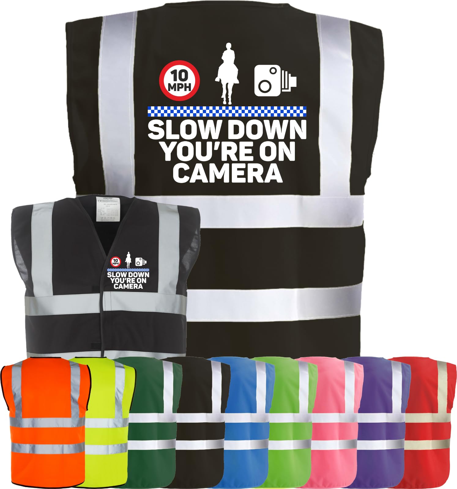 Corporate Togs Equine Hi Vis Waistcoat Vest - SLOW DOWN YOU’RE ON CAMERA Print, Safety Apparel, EN IS0 20471 Class 2 Compliant | Hi Vis Vests for Adults