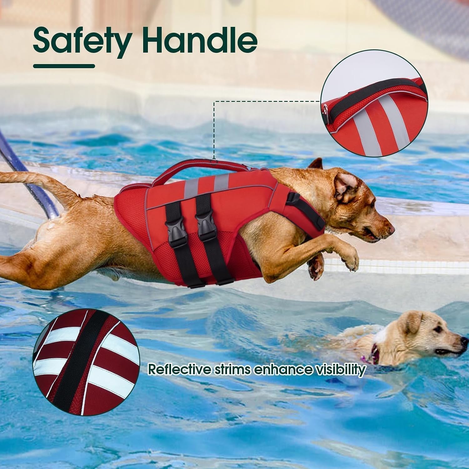 Kuoser Dog Life Jacket Large, High Flotation Dog Water Vest for Swimming Boating, Reflective Doggie Swimming Vest Pet Life Preserver with Rescue Handle, Red L