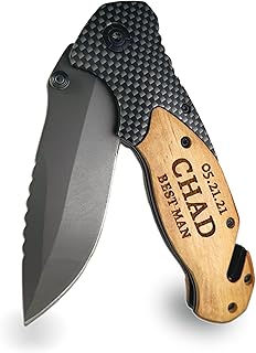 Custom Groomsmen Pocket Knife Gift - Laser Engraved Wooden Knife Set With Glass Breaker, Seatbelt Cutter & Belt Clip - Ideal Groomsman, Best Man & Groom Gift (Custom)