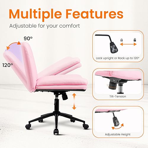 Miniatura 5 de NEO Chair Silla cruzada con ruedas, escritorio de tocador sin brazos, silla ancha y cómoda, patas cruzadas, computadora giratoria ajustable para