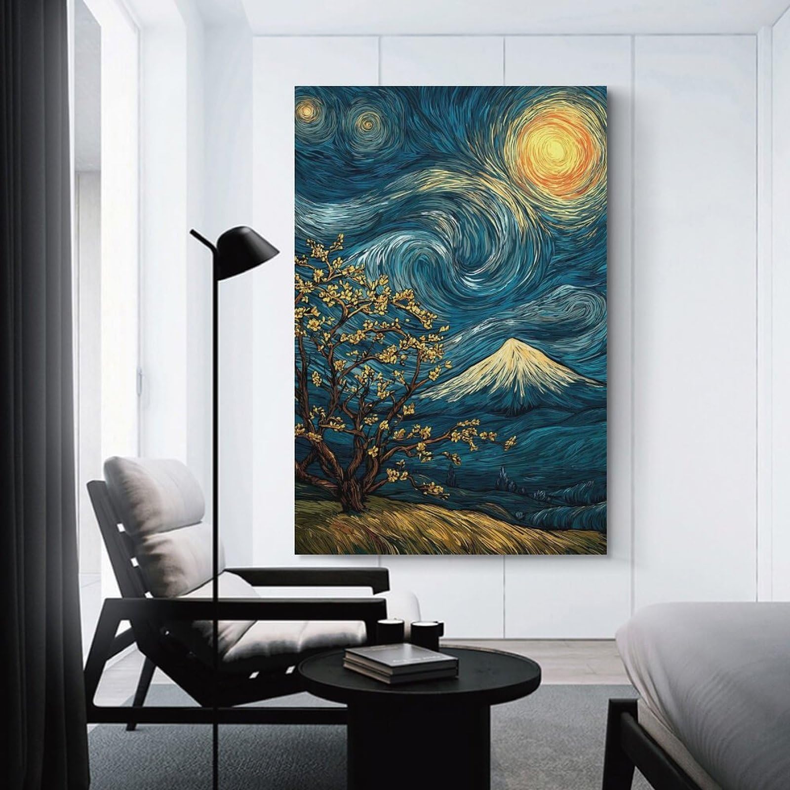Junmoney Unframe-Style-19 Starry Night Landscape With Mount Fuji Home Decor Wall Art 24X36inch(60X90cm), For Bedroom, Guest Room Or Reading Nook, Decorative Wall Art For Cosy Rooms