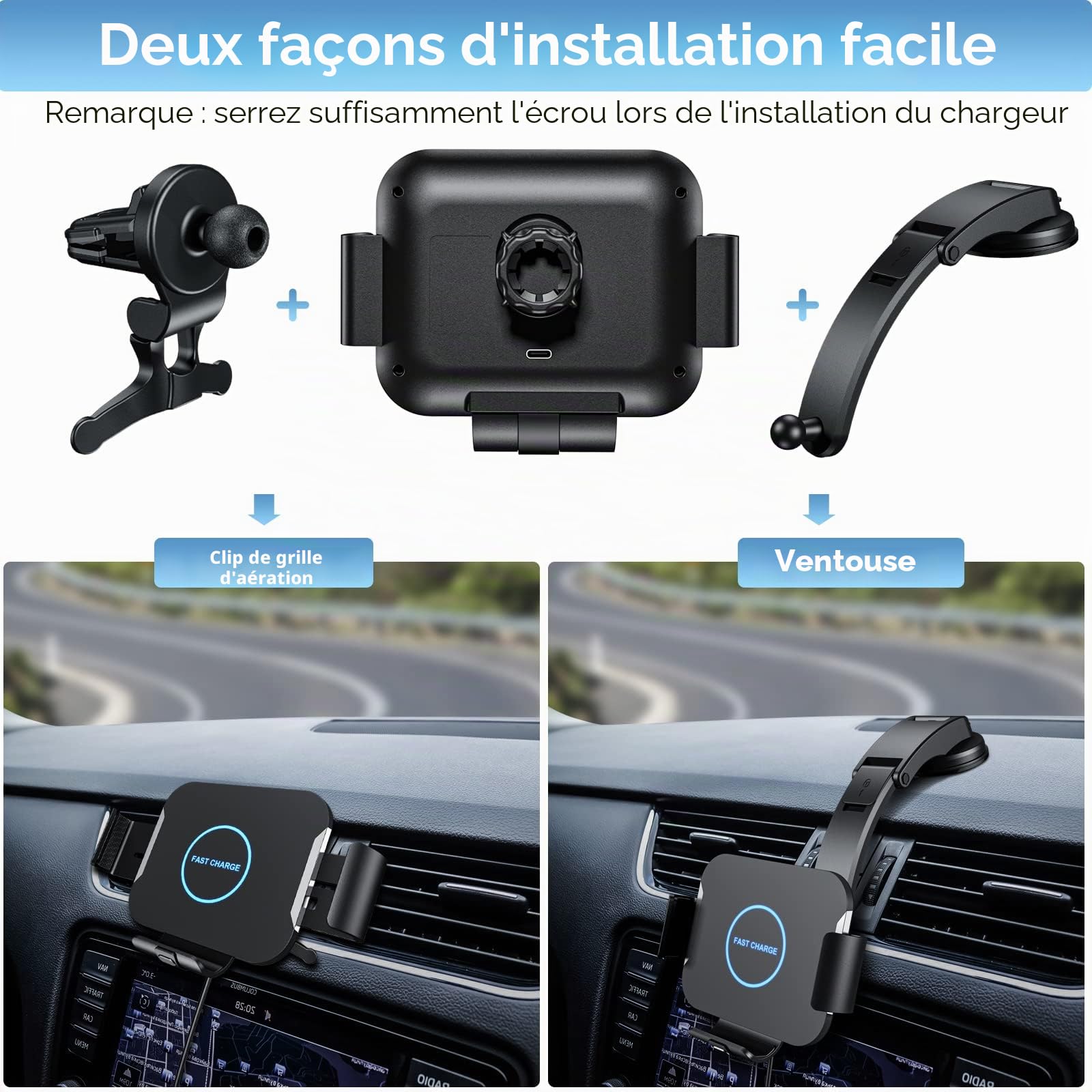 Qoosea 15W Qi Chargeur Induction Voiture, Double Bobine Chargeur sans Fil Voiture Rapide Automatic Clamping Support Téléphone Voiture pour Samsung Galaxy Z Fold 6/Z Fold 5/4/3/2 Oppo Find N2