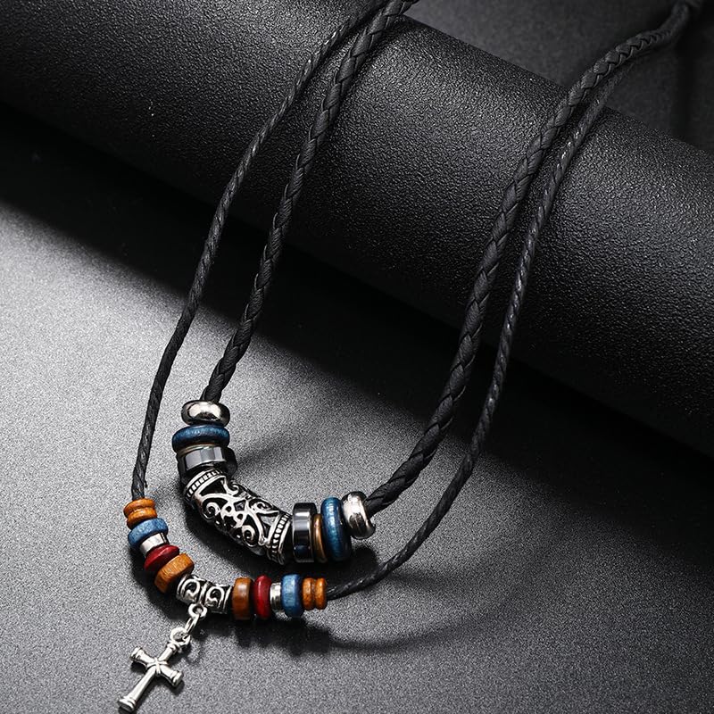 ONLYJUMP Bohemian Double Layers Leather Necklace for Men Women Vintage Boho Tribal Ethnic Wood Beads Braided Adjustable Hipppie Cross Hemp Cords Pendant Charm Choker Jewelry4
